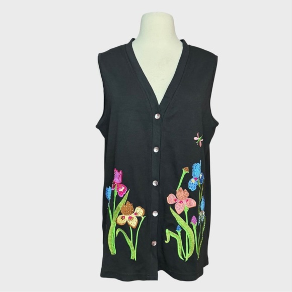 Vintage Med Quacker Factory Black Embroidered Beaded Floral Vest Art to Wear